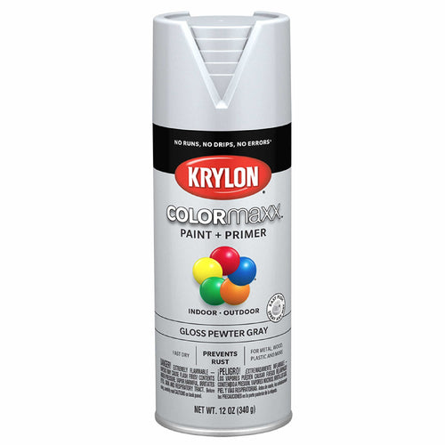 Krylon K05531007 Spray Paint and Primer COLORmaxx for Indoor/Outdoor Use, Gloss Pewter Gray, 12 Ounce (Pack of 1)
