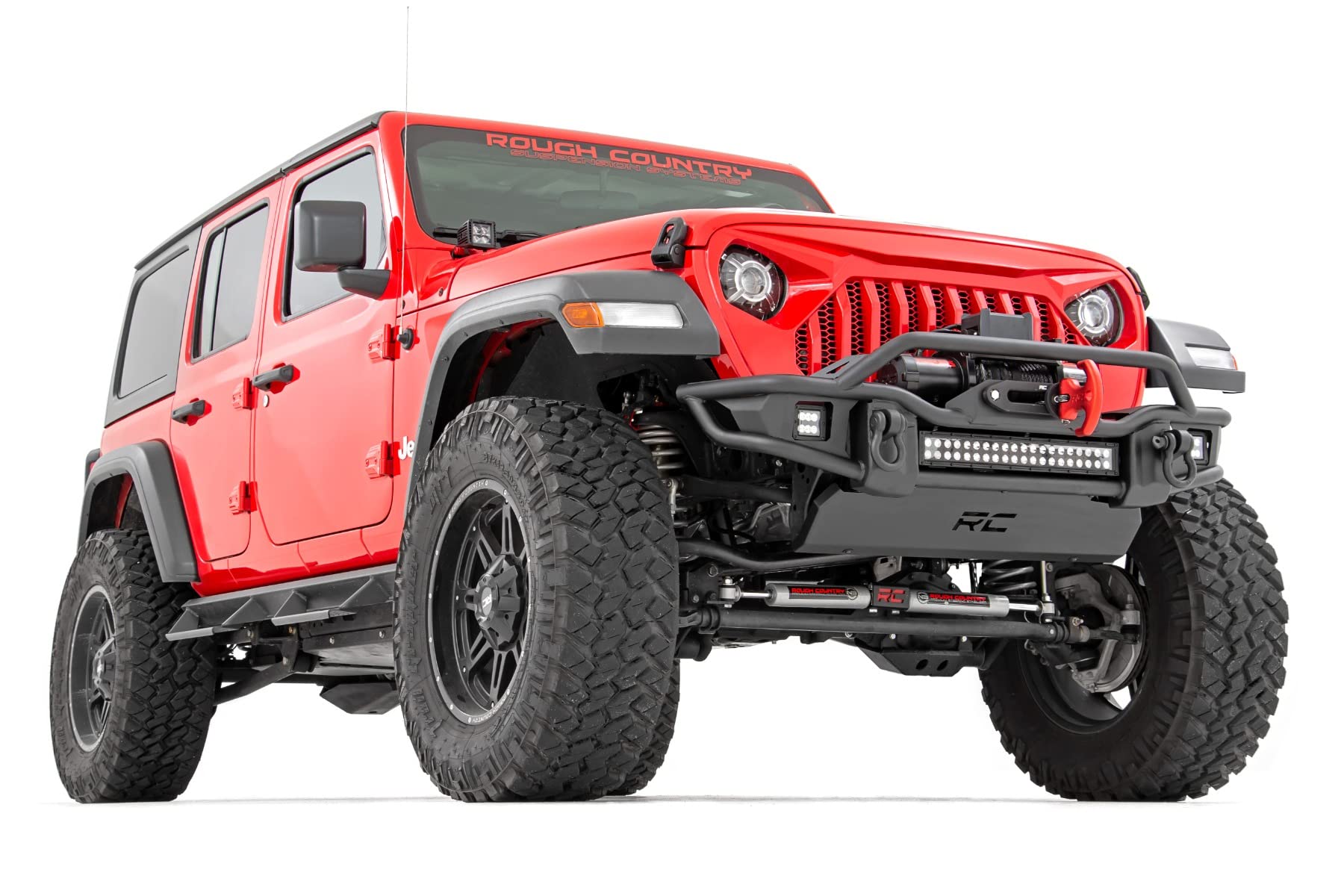 Tubular Rough Country Front Bumper for Jeep Gladiator JT/Wrangler JK & JL/Wrangler Unlimited (2007-2025) - Built-in LED Lights, Skid & Winch Plate