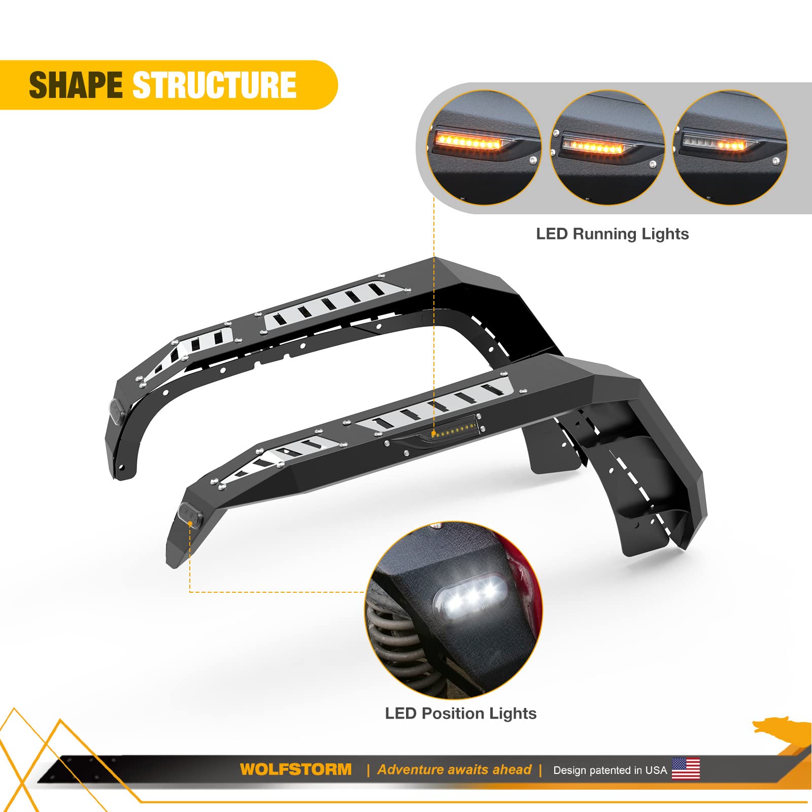 WOLFSTORM Fender Flares Front for 2007-2018 Jeep Wrangler JK/JK,Sequential Turn Signal Light and DRL Light Function Design,2007-2018 Jeep JK Front Fender Flares Replacement Accessories,Right+Left