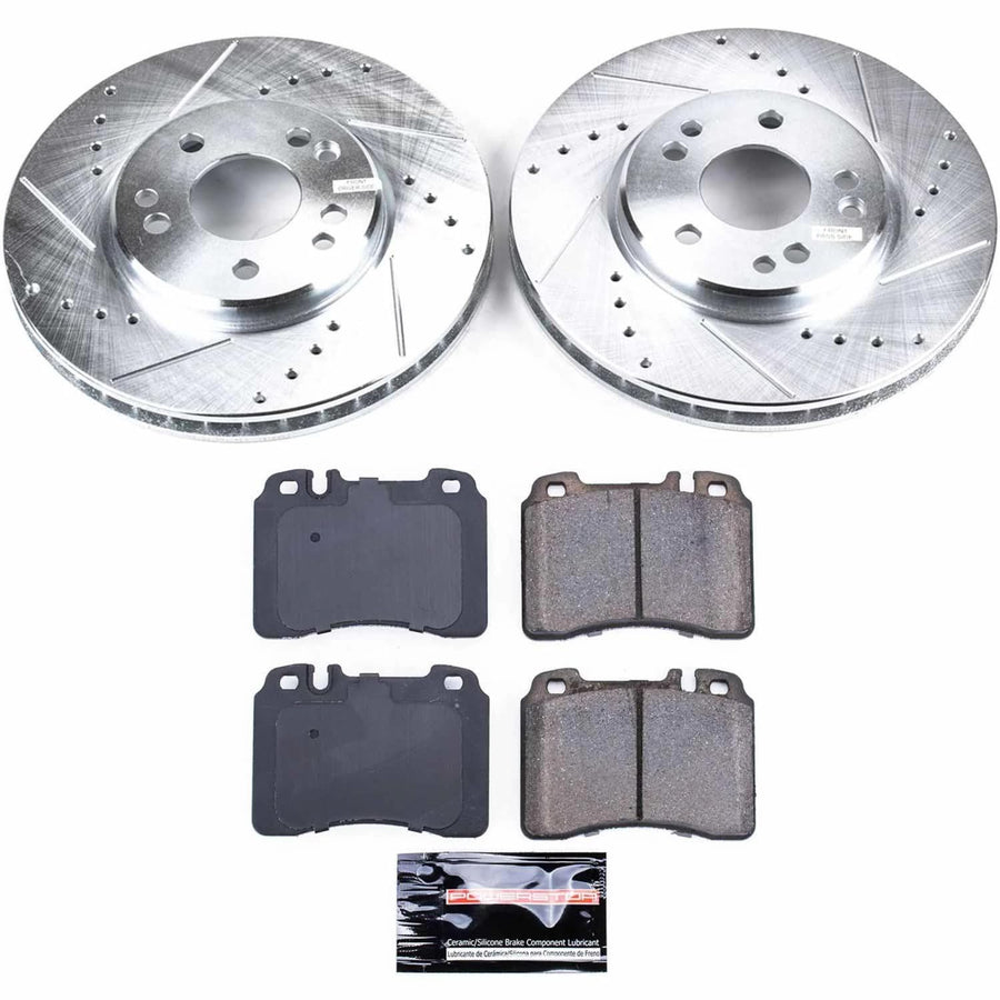 Power Stop K6337 Z23 Carbon Fiber Brake Pads with Drilled & Slotted Brake Rotors Kit and 4 Front Sensor Wires For Mercedes 300SL, Mercedes 500SL, Mercedes SL320, Mercedes SL500 [Model Specific]