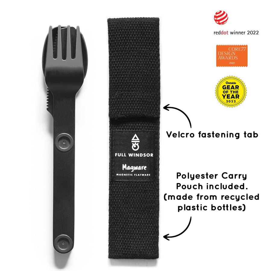 MAGWARE - FULL WINDSOR Magnetic Camping Cutlery Set - Travel Utensils for Camping, Cooking, and Outdoor Dining - Knife, Fork & Spoon - Portable Silverware with Pouch for Backpacking - Black (3 PCS)
