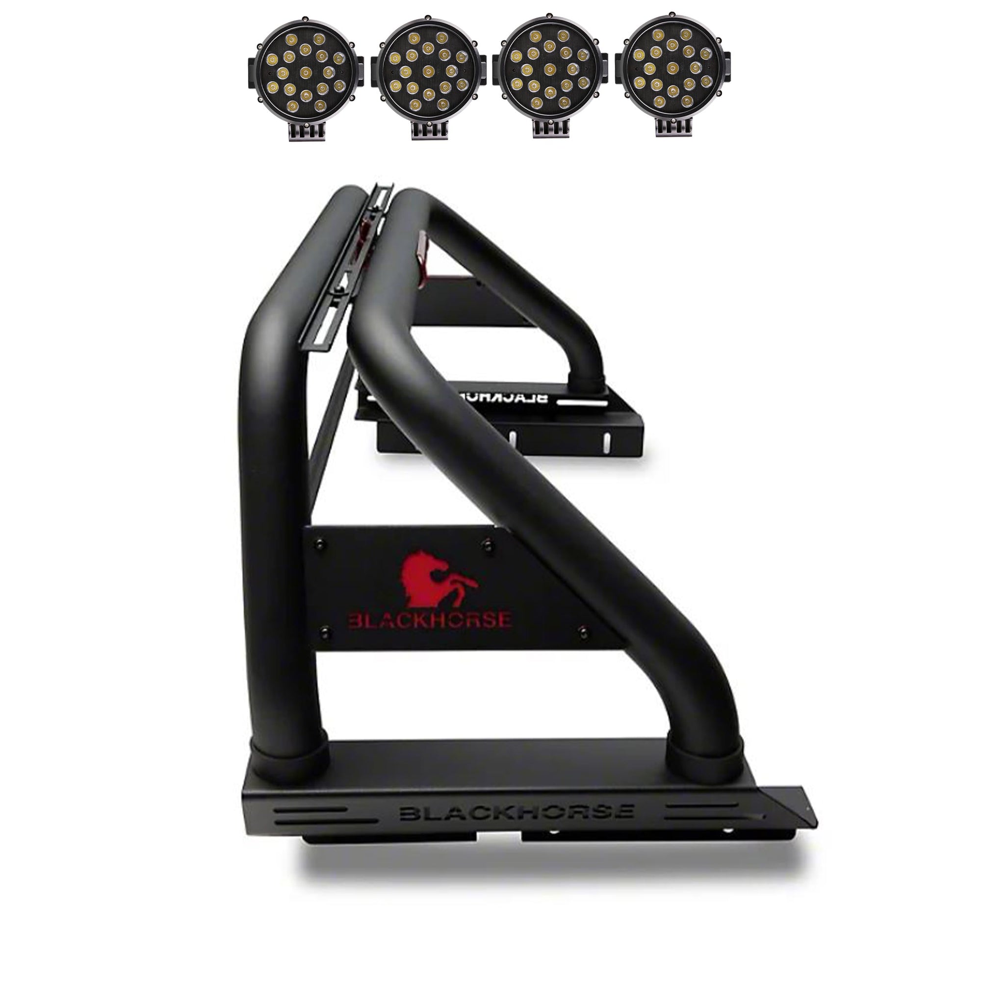 CLASSIC Black Horse Roll Bar incl. pair of 7.0"Dia. LED Lights w/Black Trim Rings Black Compatible with 2020-2024 Jeep Gladiator-RB09BK-PLB