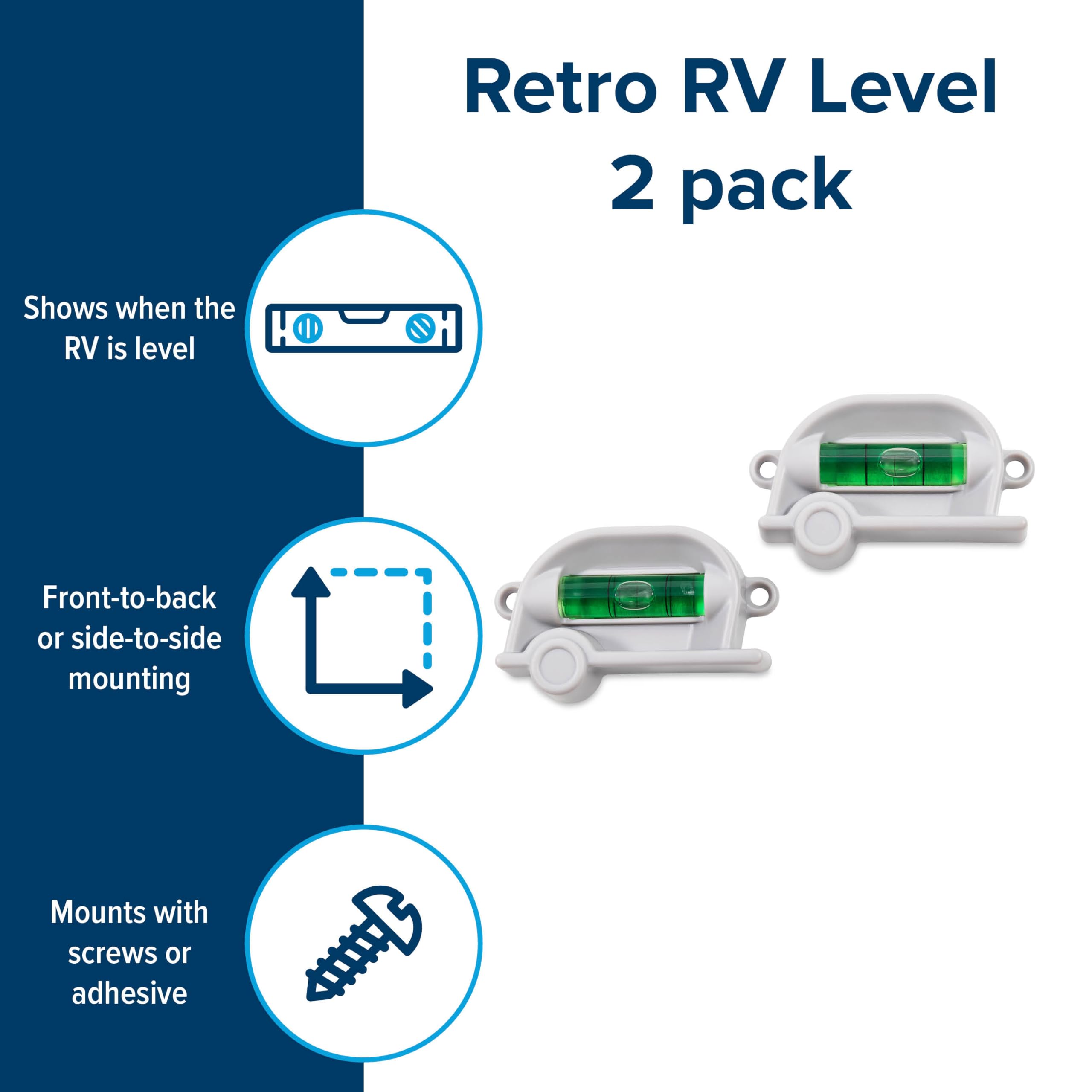 Camco RV Retro Level 2 Pack - Provides Front-to-Back or Side-to-Side Leveling & Can be Installed with Screw or Foam Tape - Features Fun Retro Design - Includes (2) Levels & Foam Tape (25520)
