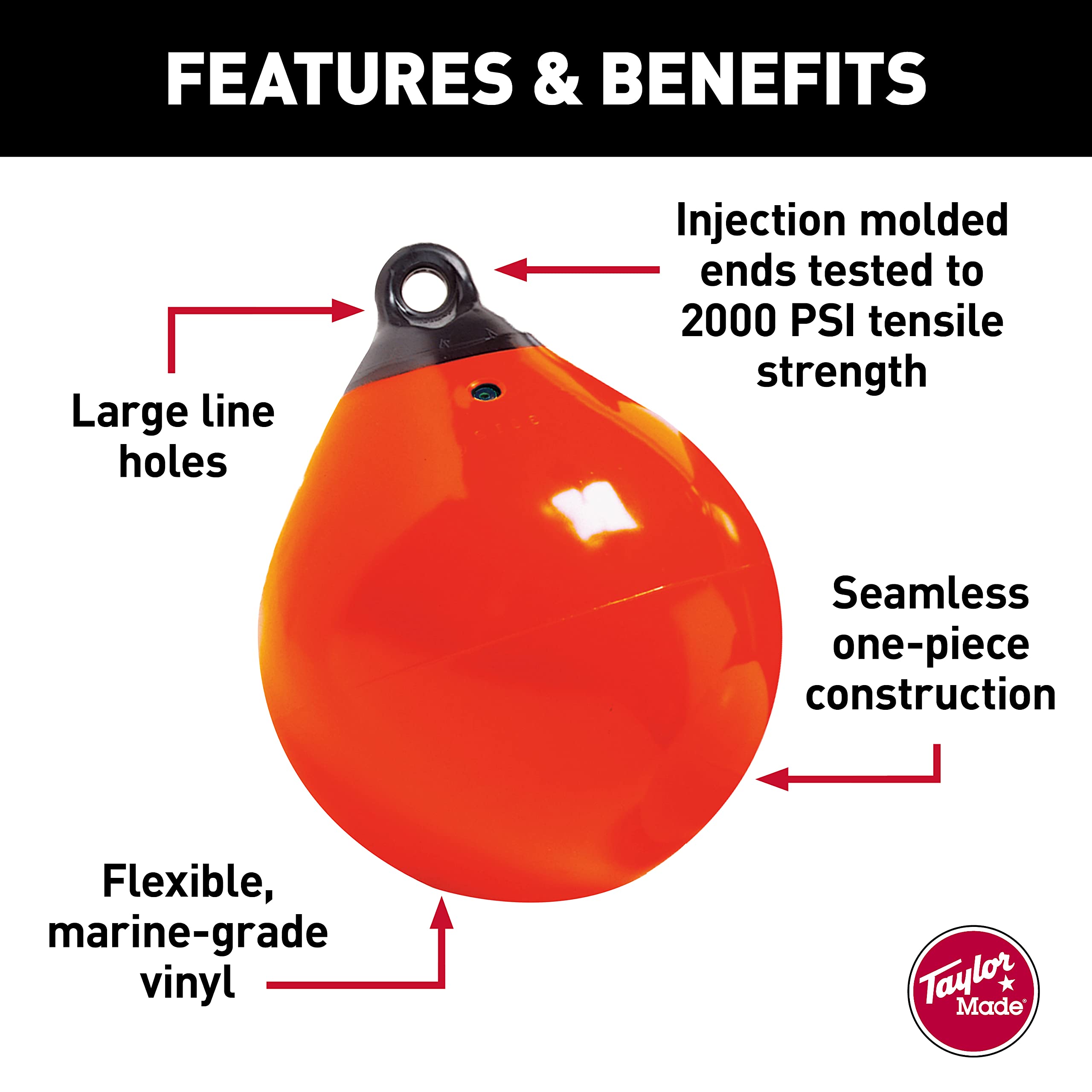 Taylor Made Tuff End Buoy, (27") Orange – Flexible, Strong, Marine-Grade Vinyl Buoy for 25-40 Foot Boats – Trivalve™ Easy-to-use Inflates with Standard Ball Pump – 2020108092