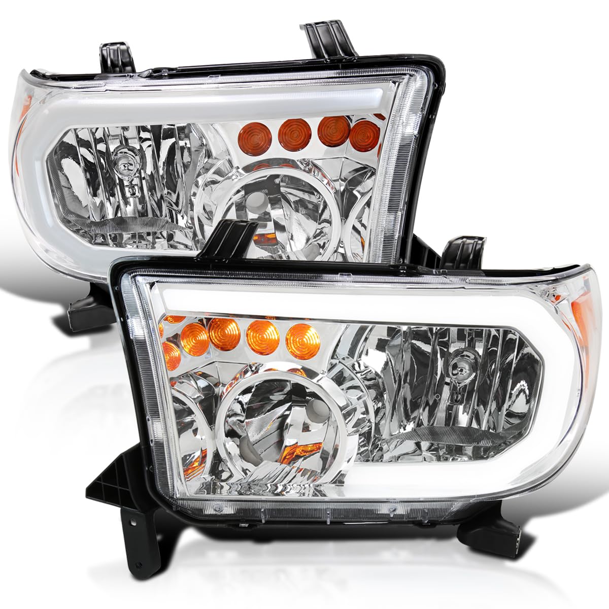Chrome Headlights SPEC-D TUNING w/LED Tube Compatible with 2007-2013 Toyota Tundra, Left + Right Pair Headlamp Assembly