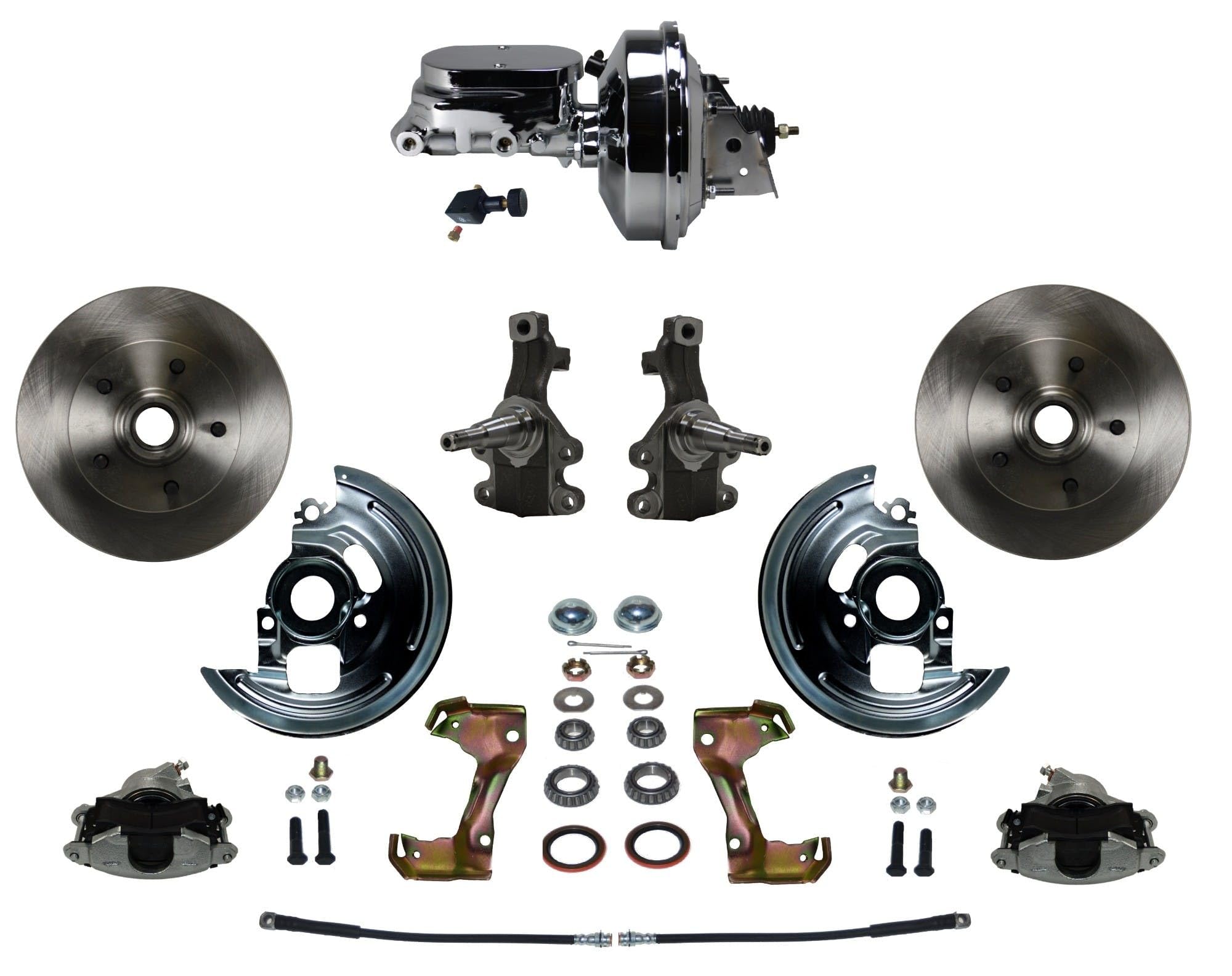 Power LEED BRAKES Front Disc Brake Conversion Kit 2" Drop Spindle With 9" Chrome Booster Flat Top Chrome M/C Adjustable Proportioning Valve