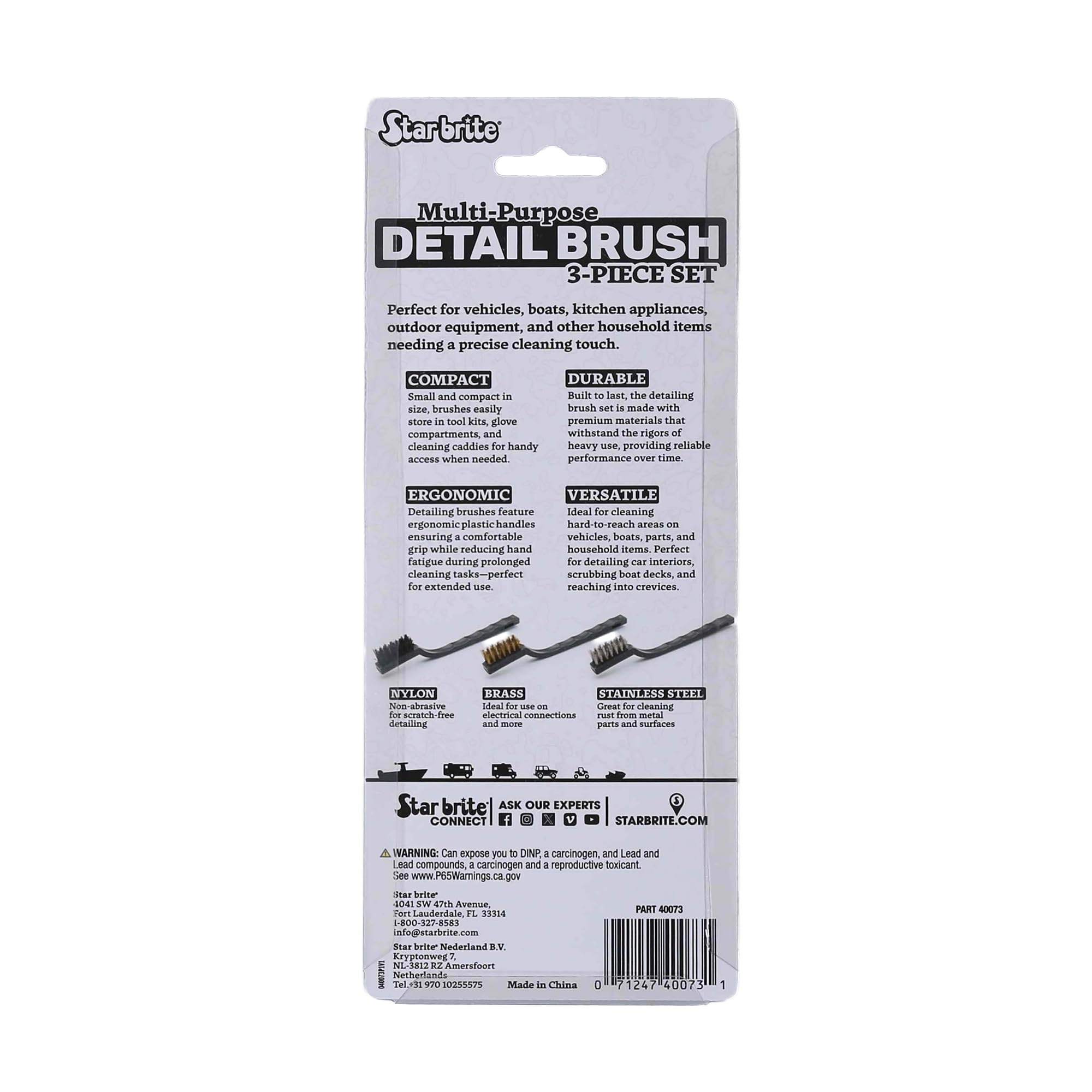 Multipurpose STAR BRITE Detail Brush 3-Piece Set – Includes Nylon, Brass & Stainless Steel Brushes – Durable, Ergonomic, Compact – Ideal for Vehicles, Boats, Household & Outdoor Cleaning