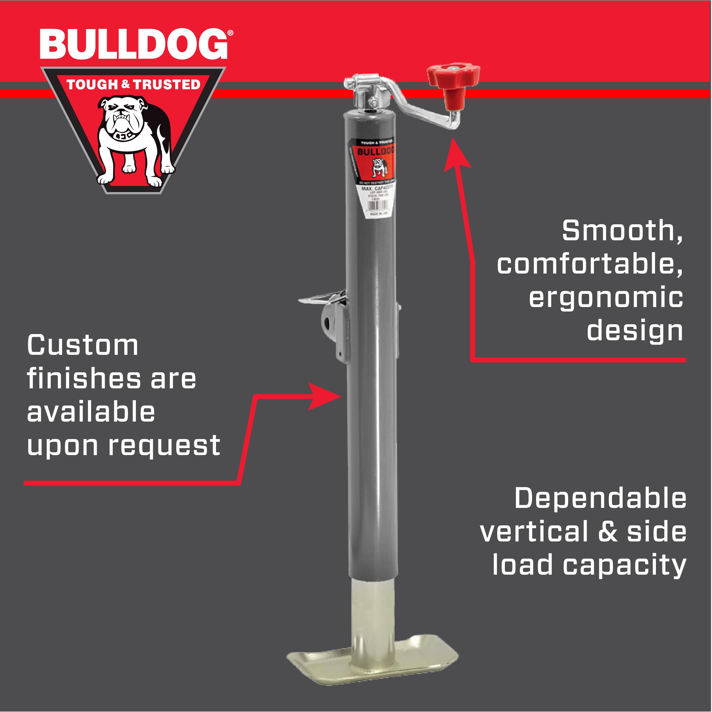 Round Bulldog 178151 Trailer Jack, Side Mount, 5,000 lbs. Lift Capacity, Topwind, Weld-On, Tubular Swivel, 15 Inch Travel