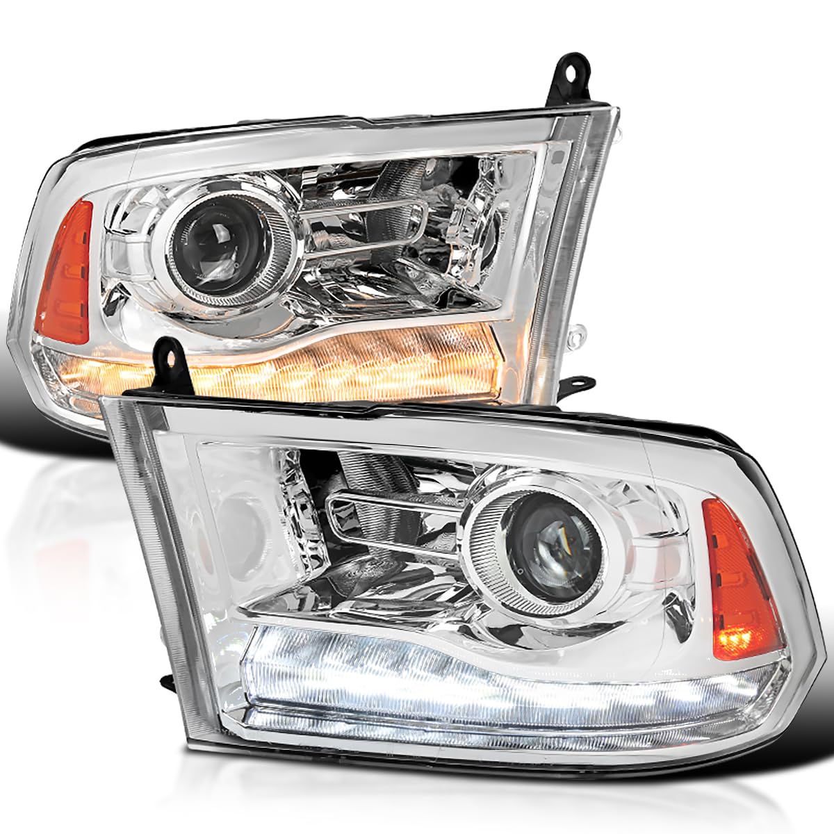 Chrome Projector Headlights SPEC-D TUNING + Sequential Switchback LED Signal Strip Compatible with 2009-18 Dodge RAM 1500/2500/3500, 2019-24 Dodge RAM 1500 Left + Right Pair Headlamps Assembly
