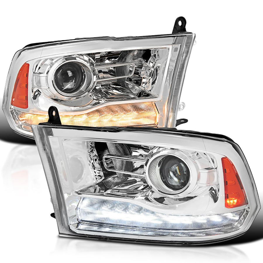 Chrome Projector Headlights SPEC-D TUNING + Sequential Switchback LED Signal Strip Compatible with 2009-18 Dodge RAM 1500/2500/3500, 2019-24 Dodge RAM 1500 Left + Right Pair Headlamps Assembly
