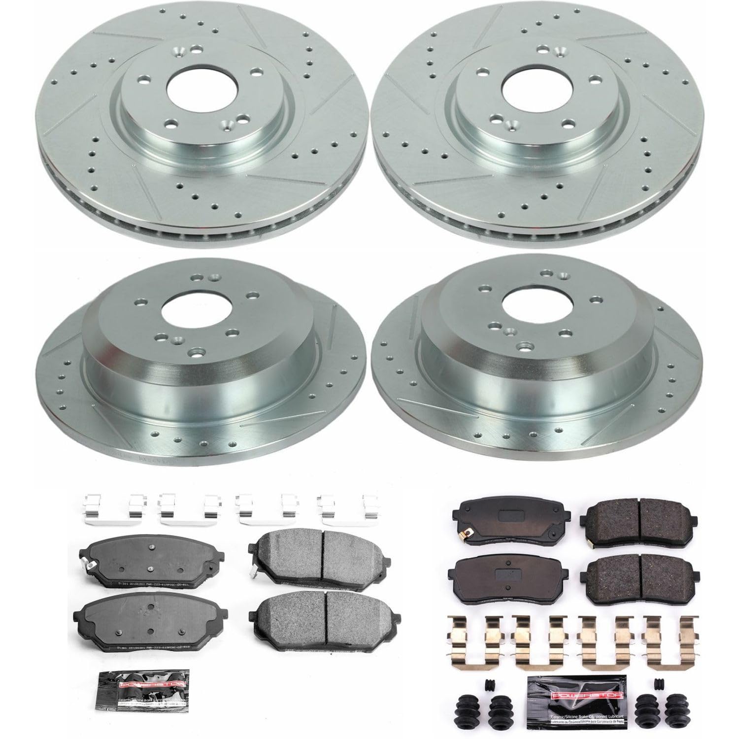 Power Stop K5919 Z23 Carbon Fiber Brake Pads Front and Rear with Drilled & Slotted Brake Rotors Kit For Hyundai Veracruz 2007-2012 [Model Specific]