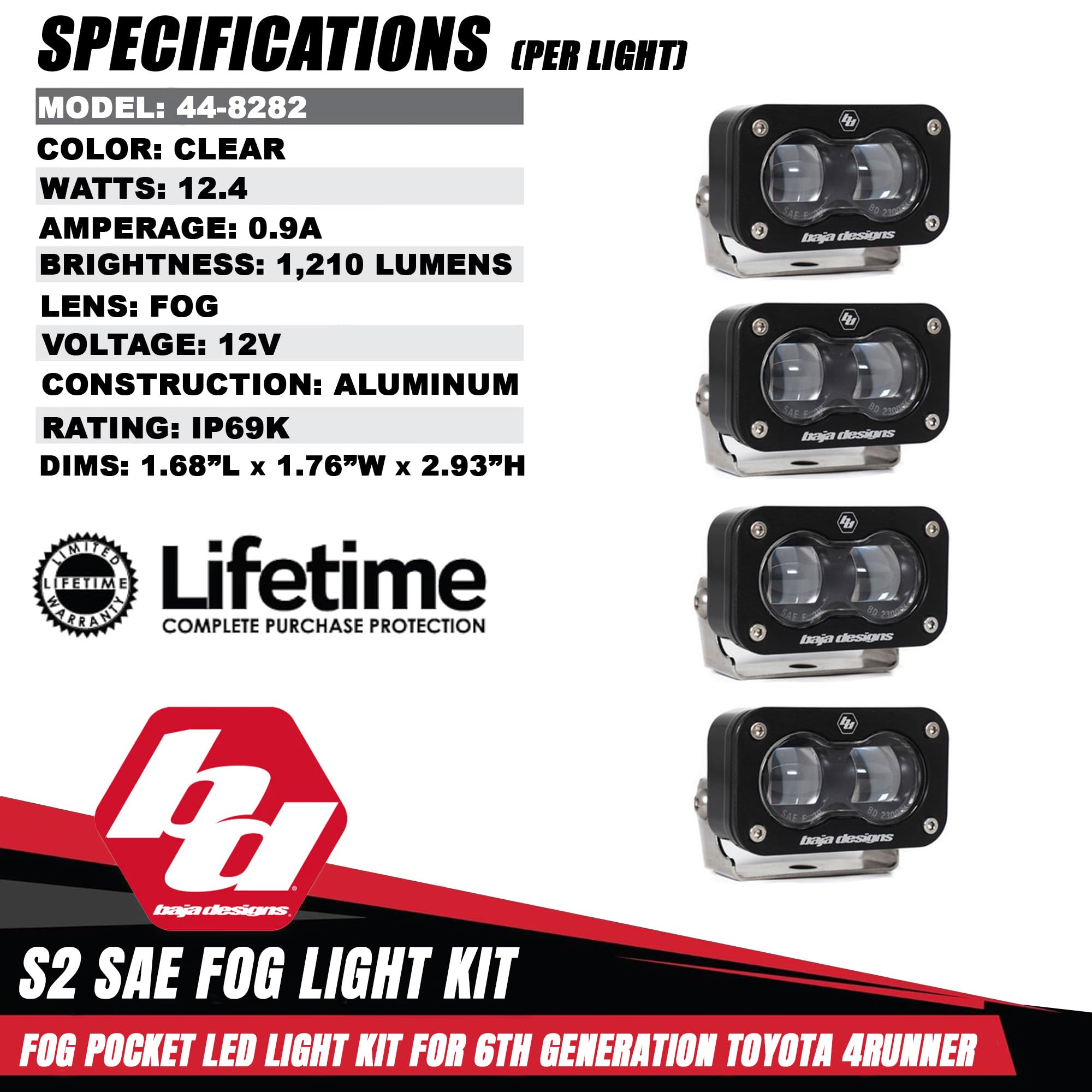 Baja Designs S2 LED Fog Light Kit SAE for Toyota 4Runner 2025+ (Non-TRD Pro) - Street Legal, 4 PCS LED with Mounting Brackets, Adapter Harness - OEM Switch Compatible (SAE Spot Lens; Clear)