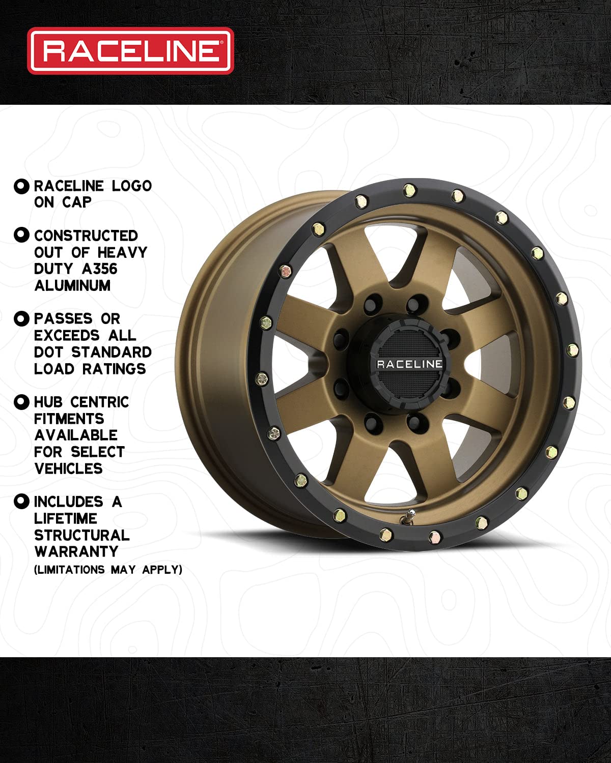 Raceline 935BZ Wheels DEFENDER Bronze 17X9"8X165.1 Bolt Pattern 0mm Offset/(5"B/S) 8 Spoke Aluminum Passenger Car Wheels, Full Size Replacement Bronze Car Rims
