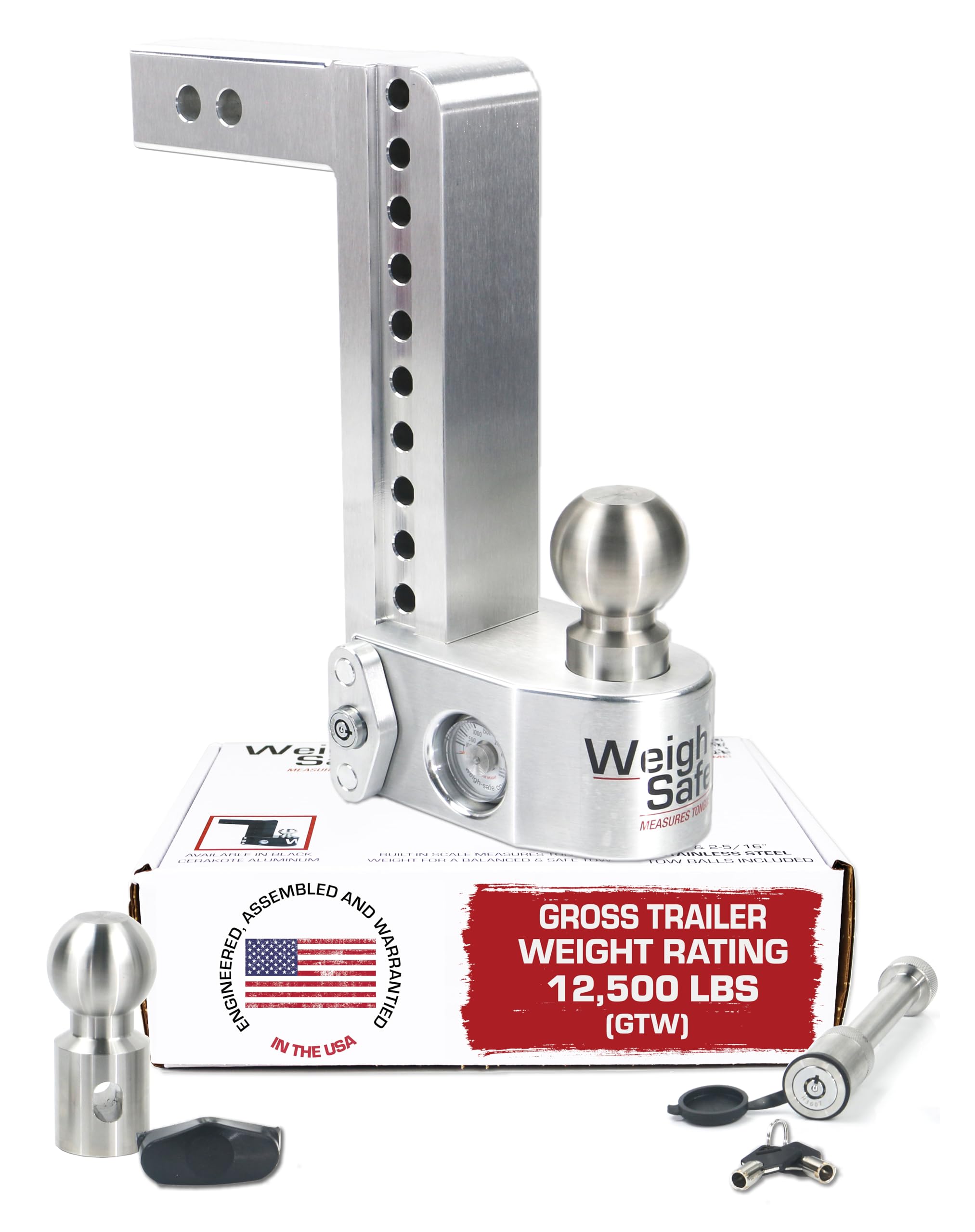 Weigh Safe Adjustable Aluminum Trailer Hitch - Towing Hitch with Built-In Tongue Weight Scale - Compatible with 2" Receivers - 10" Drop, Stainless Steel Tow Balls, 12,500 GTW, 2-Piece Lock Set