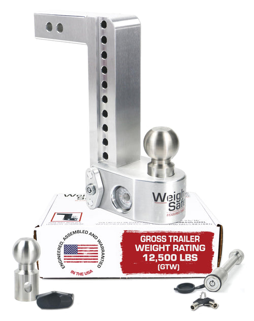 Weigh Safe Adjustable Aluminum Trailer Hitch - Towing Hitch with Built-In Tongue Weight Scale - Compatible with 2" Receivers - 10" Drop, Stainless Steel Tow Balls, 12,500 GTW, 2-Piece Lock Set