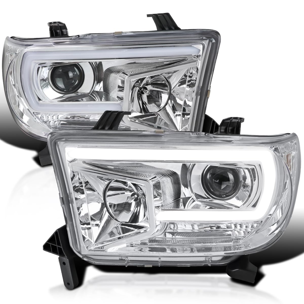 Chrome Projector Headlights SPEC-D TUNING w/LED Light Bar Compatible with 2007-2013 Toyota Tundra, 2008-2017 Toyota Sequoia, Left + Right Pair Headlamps Assembly
