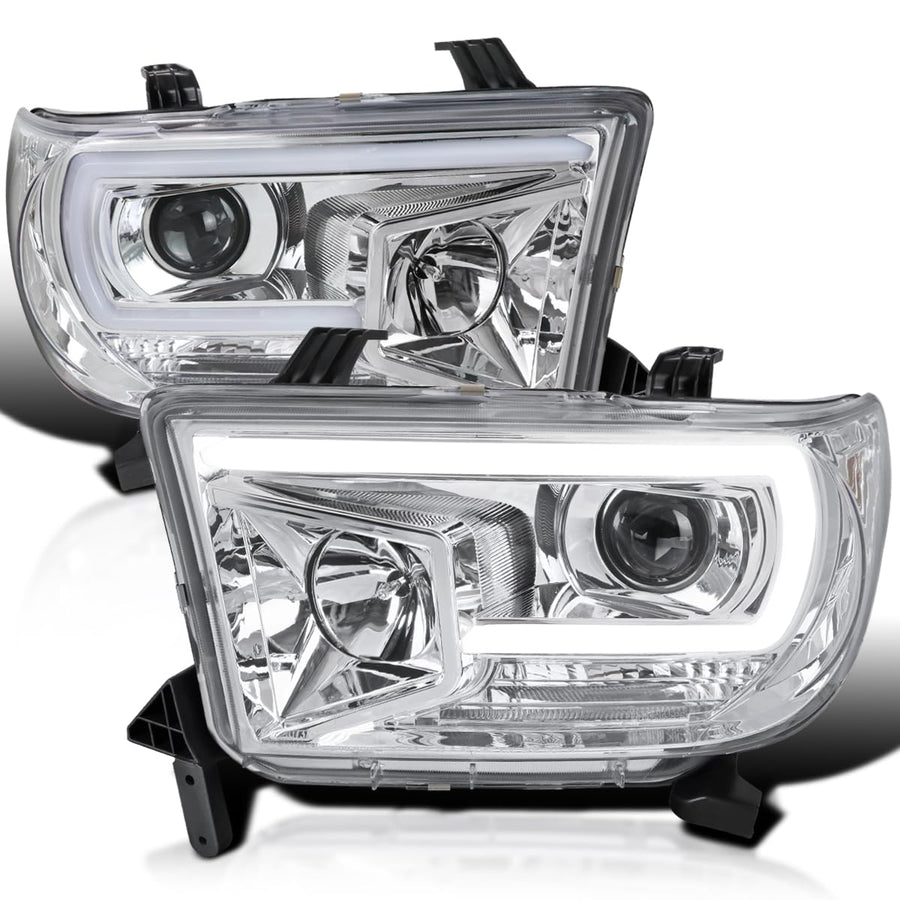 Chrome Projector Headlights SPEC-D TUNING w/LED Light Bar Compatible with 2007-2013 Toyota Tundra, 2008-2017 Toyota Sequoia, Left + Right Pair Headlamps Assembly