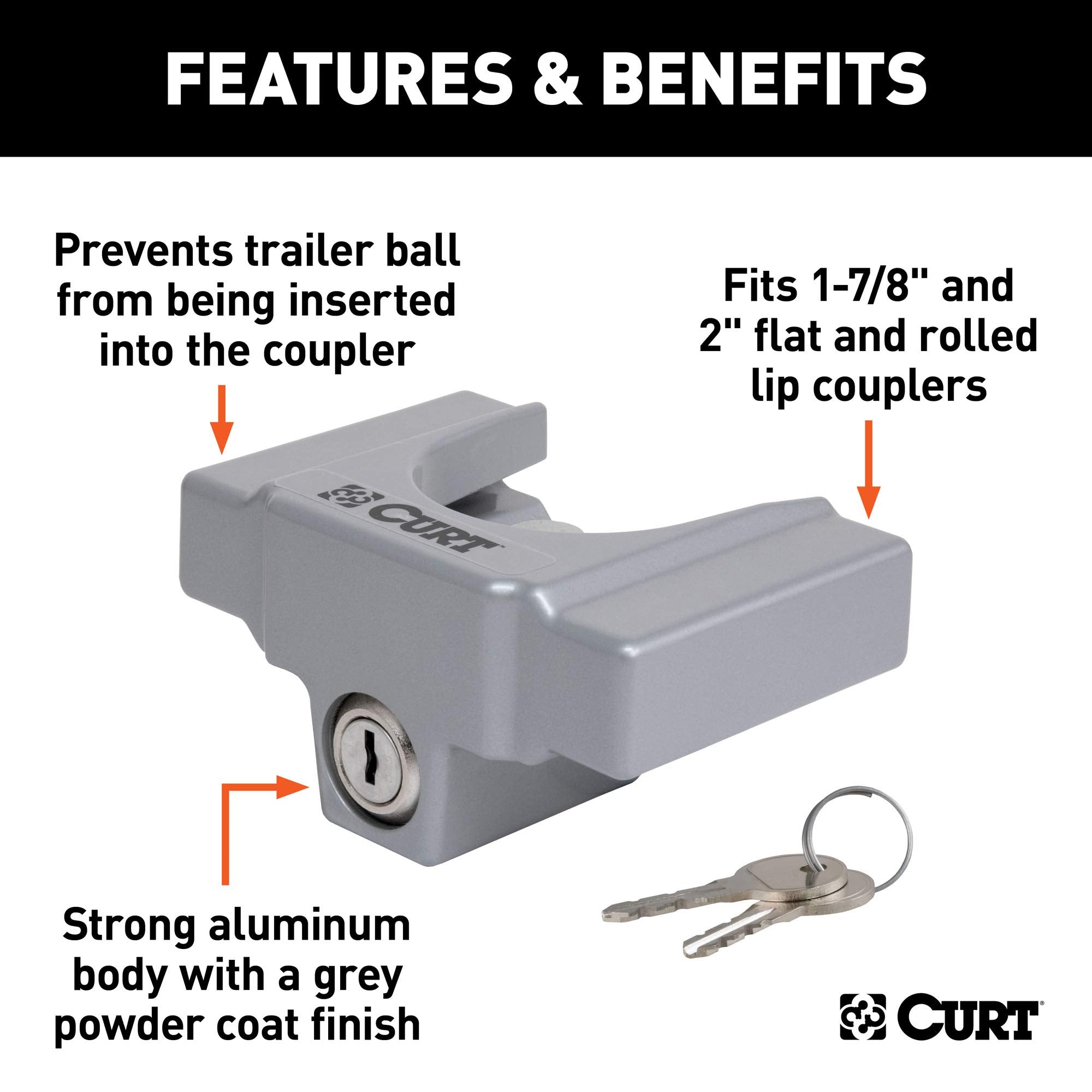 CURT Powder-Coated 23079 Aluminum Trailer Tongue Lock, Fits Most 2-Inch, 1-7/8-Inch Couplers