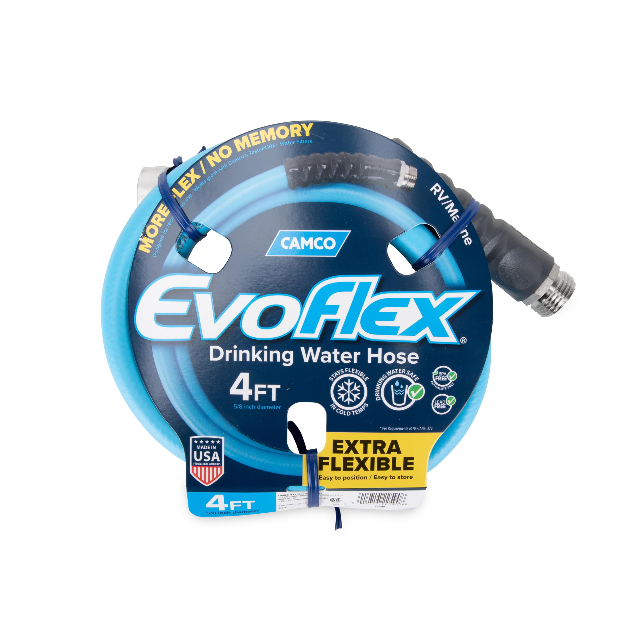 EVOFlex Camco 4-Ft RV Drinking Water Hose - Features Extra Flexible Design w/Stainless Steel Strain Relief Ends - Lead-Free, BPA-Free and Phthalate-Free - 5/8” ID (22590)