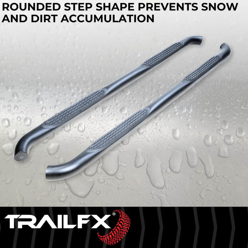 Nerf Bar TrailFX A0069T, 3 Inch Round Bent, Black Powder Coated, with Step Pads, W/O End Caps, Rocker Panel Mount, Fits 2025 Toyota 4Runner (Will Not Fit Models with Lower Rocker Panel Extensions)