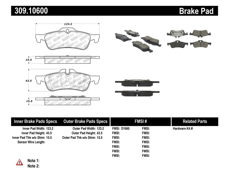 Sport Brake Pads StopTech 309.10600 with Shims and Hardware