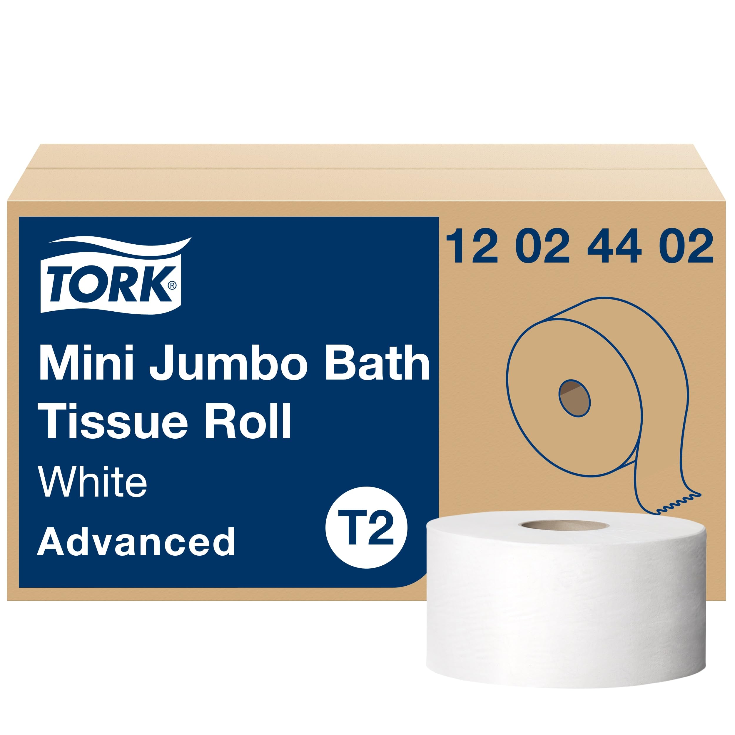 Tork Toilet Paper Roll Mini Jumbo White T2, Advanced, 2-Ply, 12 x 751', 12024402