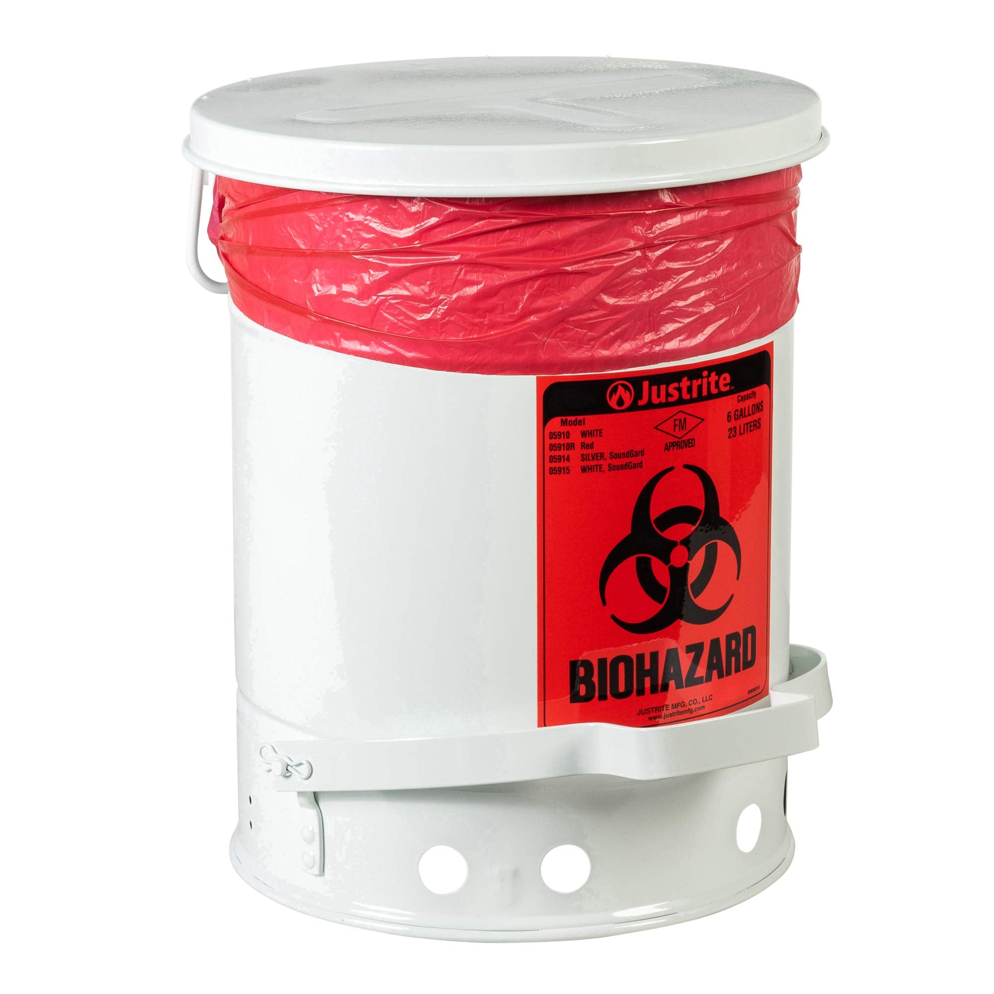 Galvanized Steel Justrite Biohazard Waste Container, 6 Gallon Capacity, 11-7/8" OD x 15-7/8" Height, White