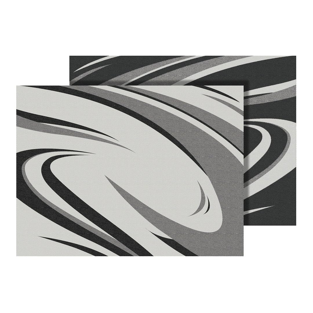 Patio Mat Faulkner 53008S, Modern Swish Design, 12 Foot Length x 9 Foot Width, Black/Gray, Polypropylene, Reversible Fabric, Without Grommets, with Carry Bag, with Corner Tie-Downs