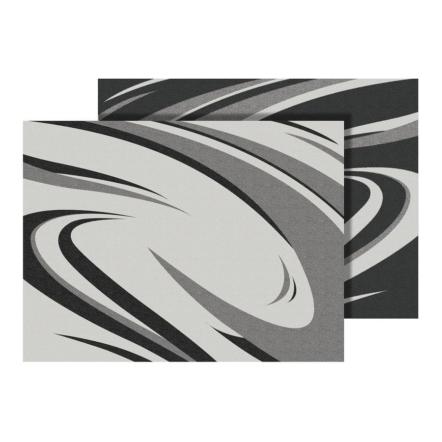 Patio Mat Faulkner 53008S, Modern Swish Design, 12 Foot Length x 9 Foot Width, Black/Gray, Polypropylene, Reversible Fabric, Without Grommets, with Carry Bag, with Corner Tie-Downs