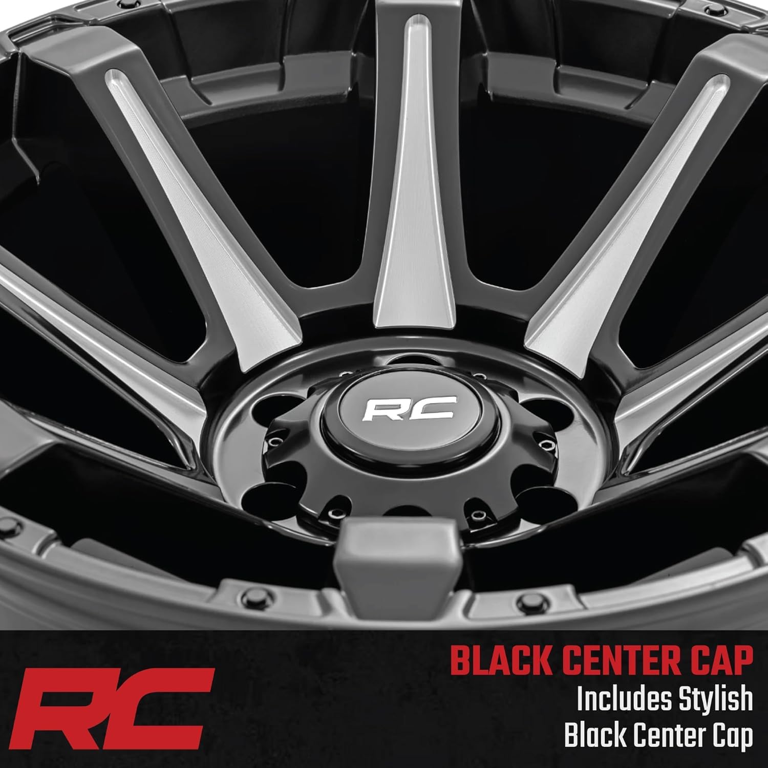 20x10 Wheel Rough Country w/Machined Spokes -6x5.5" Bolt Pattern, 19mm Offset, One-Piece Aluminum, Semi-Gloss Black Off-Road Rim for Trucks, Jeeps, SUV