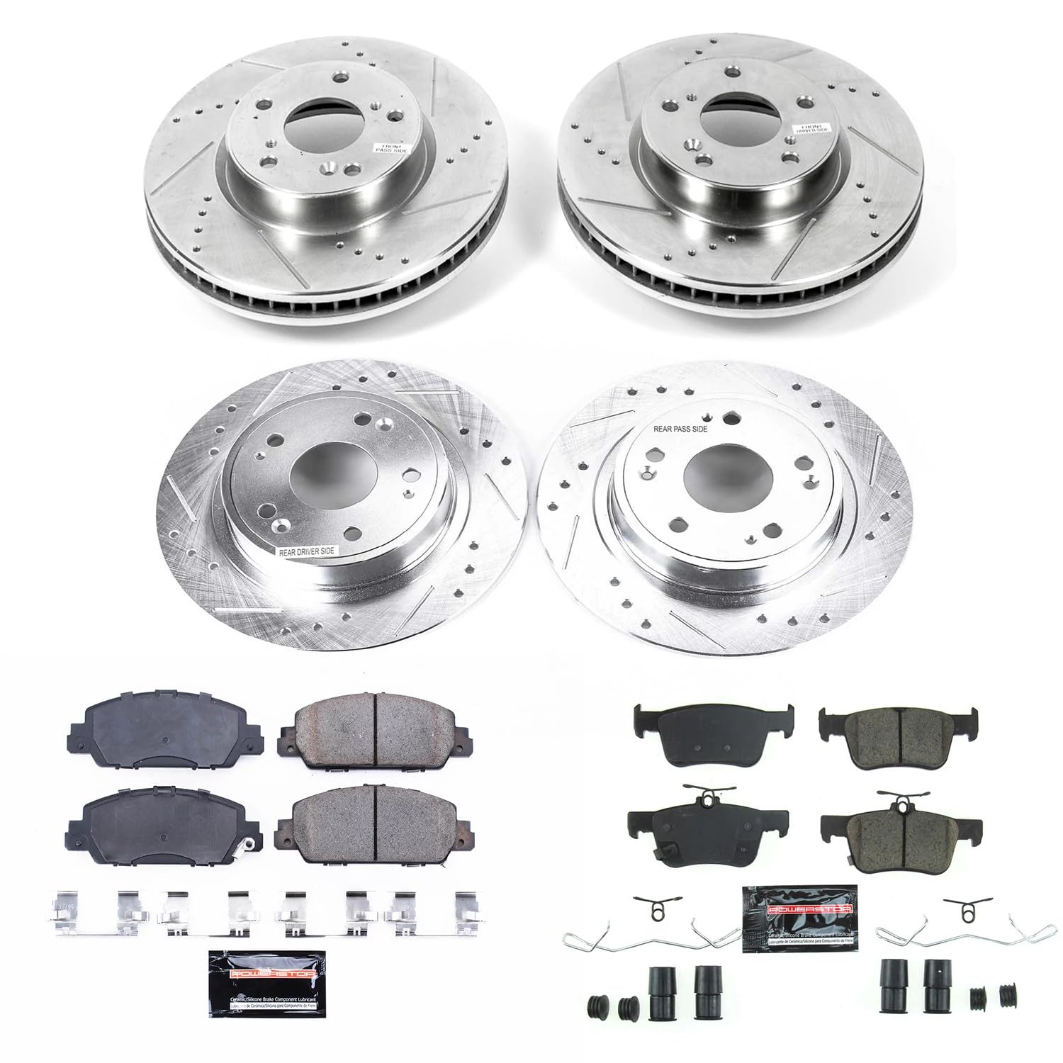 Power Stop K8066 Z23 Carbon Fiber Brake Pads Front and Rear with Drilled and Slotted Brake Rotors Kit For 2018 2019 2020 2021 2022 Honda Accord [Application Specific]