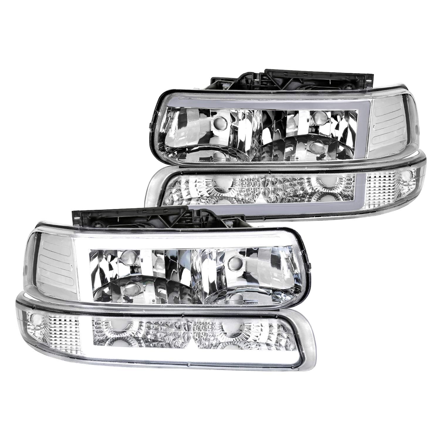 Chrome Housing Spec-D Tuning LED Bar Clear Lens Headlights + Bumper Lights 4PC Clear Reflector Compatible with Chevy Silverado 1999-2002, 00-06 Tahoe Suburban, L+R Pair Assembly
