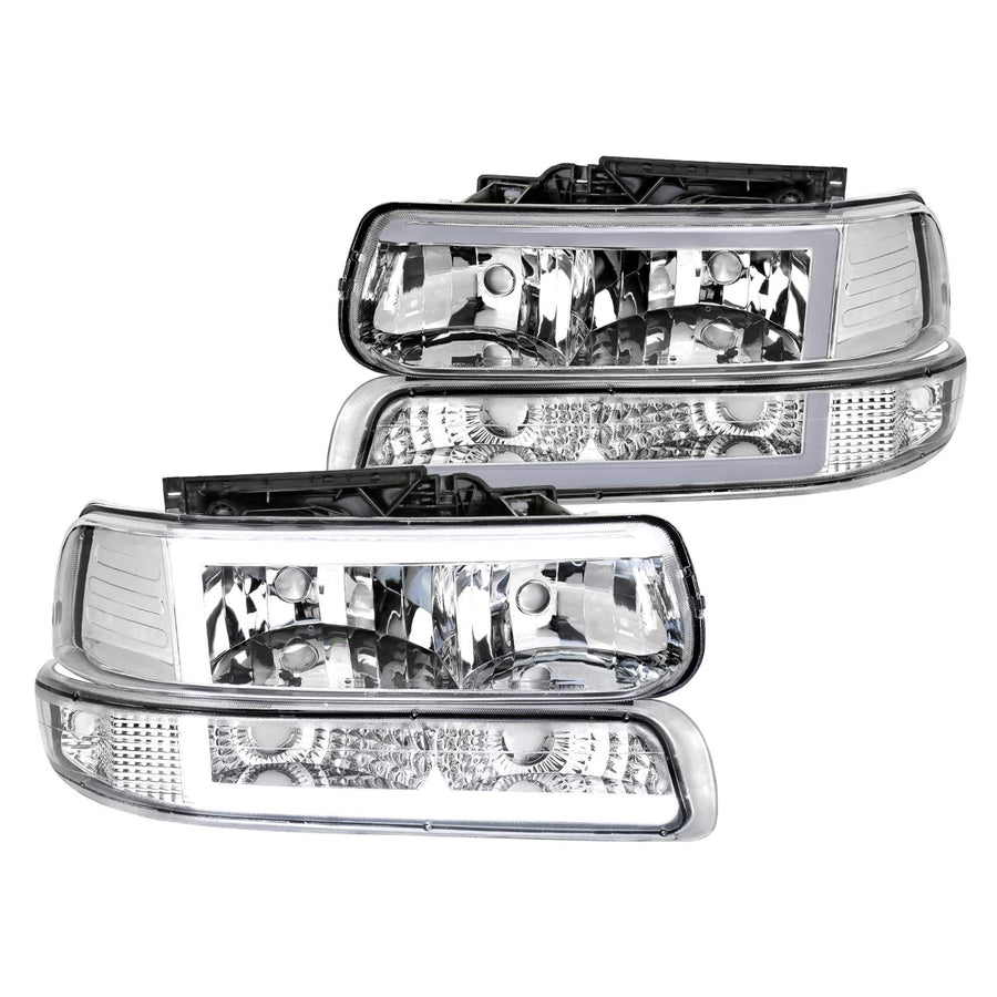 Chrome Housing Spec-D Tuning LED Bar Clear Lens Headlights + Bumper Lights 4PC Clear Reflector Compatible with Chevy Silverado 1999-2002, 00-06 Tahoe Suburban, L+R Pair Assembly