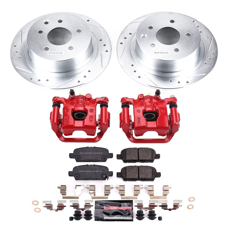 Rear Z23 Brake Pads and Rotors Brake Kit POWERSTOP with Red Powder Coated Calipers For Nissan Sentra 2019 [Vehicle Specific]