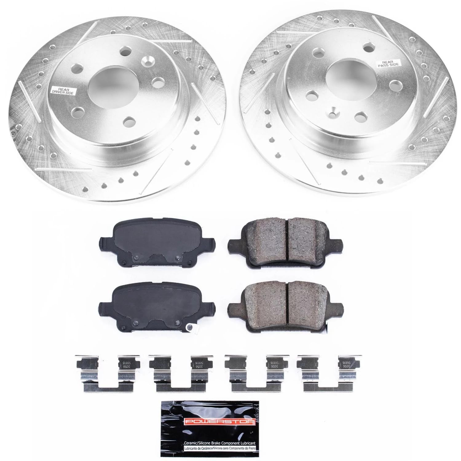Power Stop K7720 Rear Brake Pads Z23 Carbon Fiber with Drilled & Slotted Brake Rotors Kit For Chevrolet Bolt EUV, Chevrolet Bolt EV, Chevrolet Cruze, Chevrolet Volt [Model Specific]