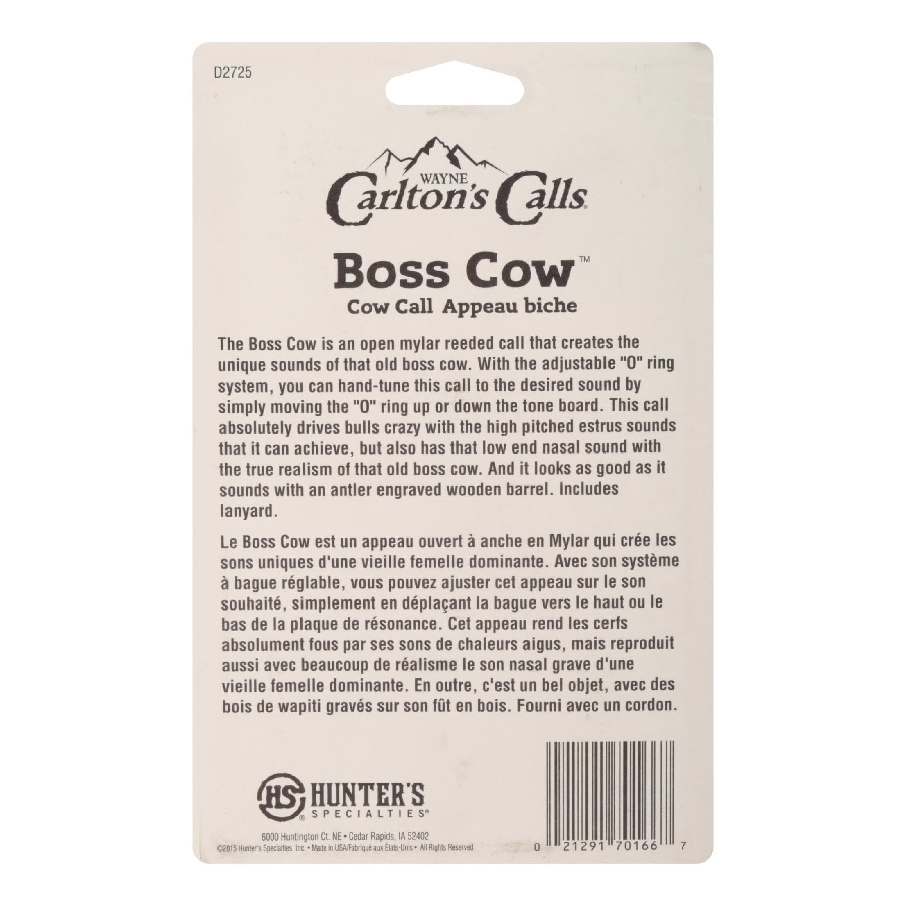 Boss Cow Call Hunters Specialties - Open-Reed Elk Call for High-Pitched Loud Mature Cow Moos and Bleats (Lanyard Included)