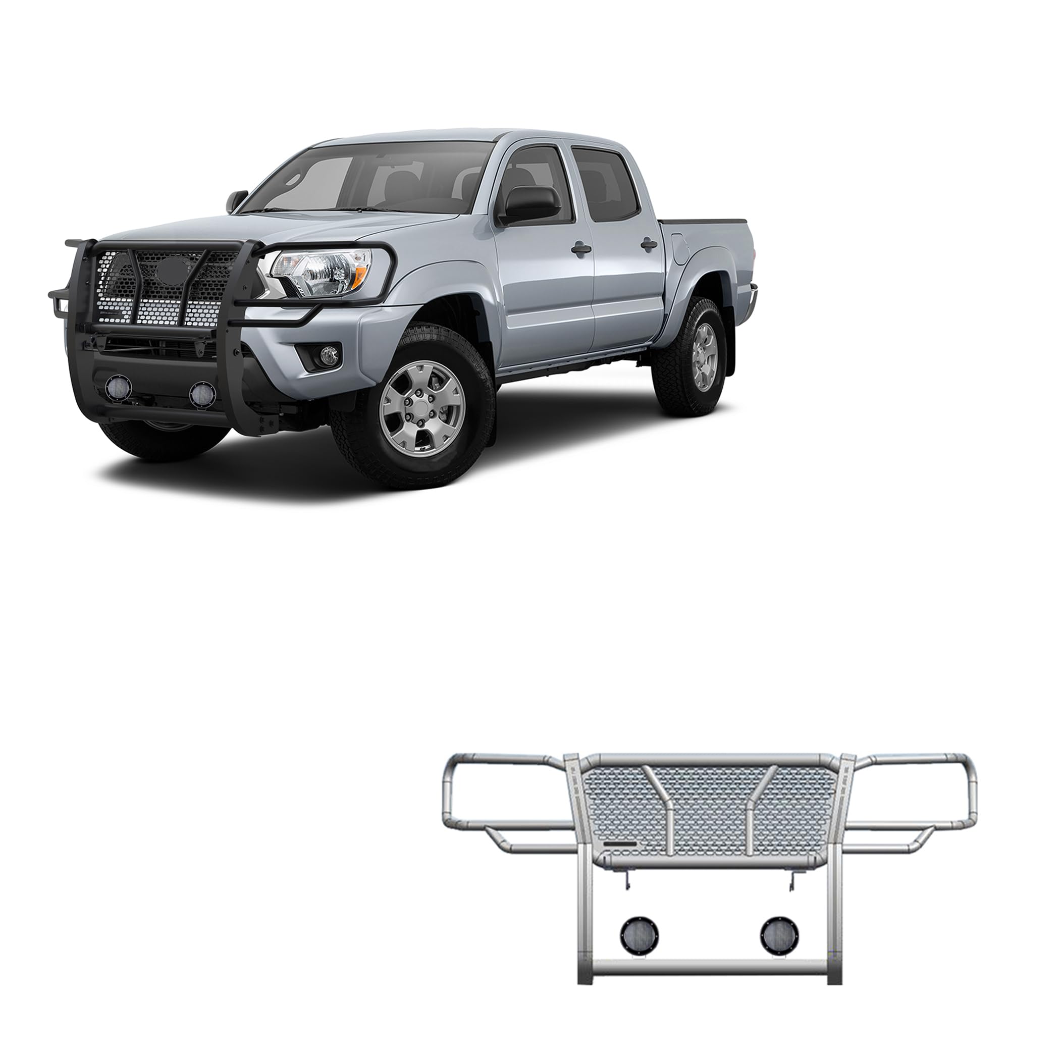 Heavy Duty Black Horse Rugged Grille Brush Bumper Guard Modular Black Come with Pair of 5.3" Dia.LED Lights with Black Trim Rings Compatible with 2005-2015 Toyota Tacoma-RU-TOTA05-B-PLFB