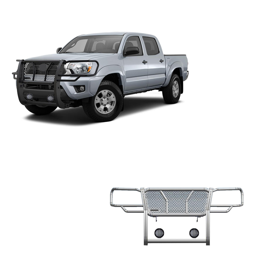 Heavy Duty Black Horse Rugged Grille Brush Bumper Guard Modular Black Come with Pair of 5.3" Dia.LED Lights with Black Trim Rings Compatible with 2005-2015 Toyota Tacoma-RU-TOTA05-B-PLFB