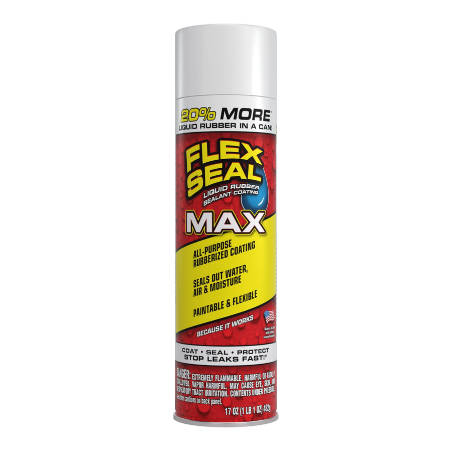 Flex Seal MAX, 17 oz, White, 1-Pack, Waterproof Rubber Spray On Sealant Coating, Stop Leaks Instantly, Perfect for Gutters, Wood, RV, Campers, Roof Repair, Skylights, Windows, and More