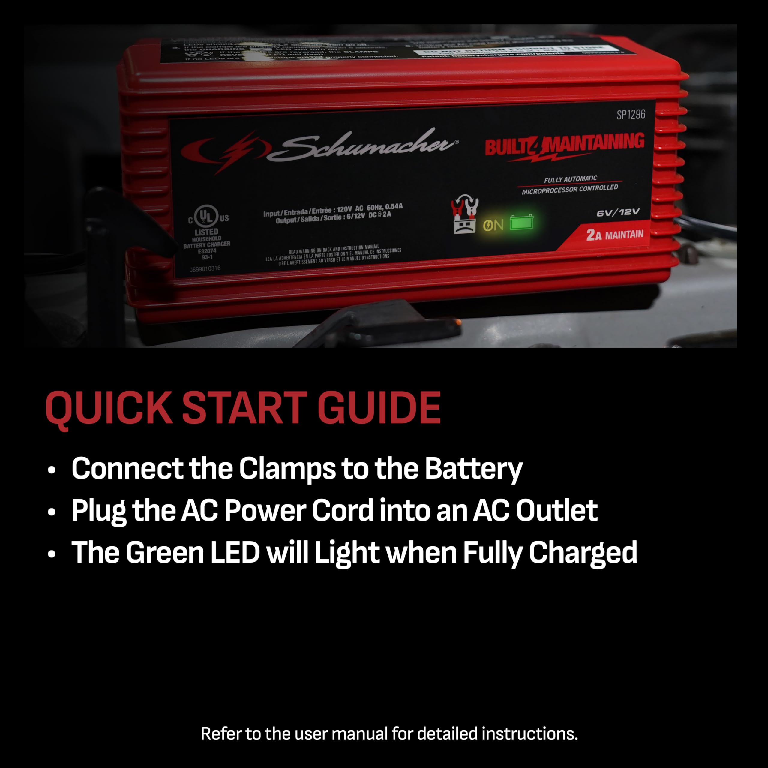 2A Schumacher Electric Car Battery Charger and Maintainer, 3-in-1 Solution, for 6V/12V Power Sport, Automotive, and Marine Batteries, SP1296