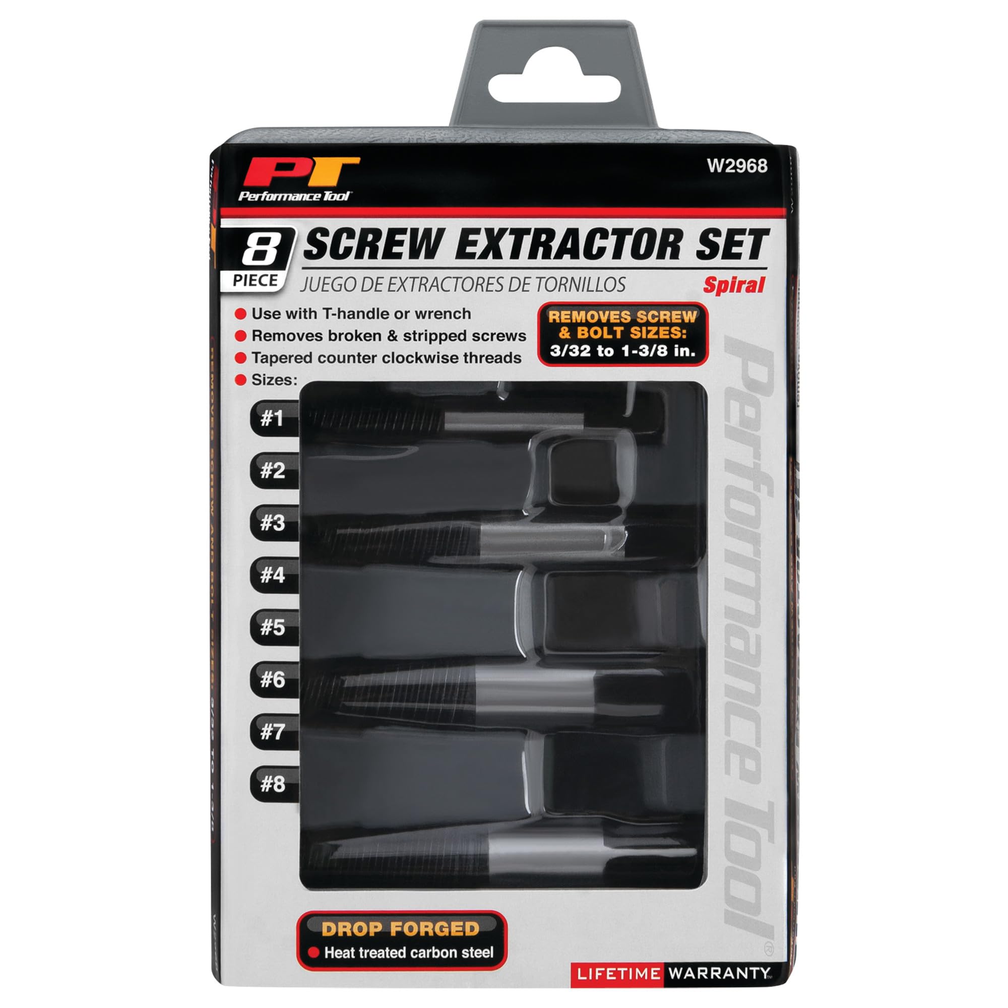 8-Piece Performance Tool W2968 Spiral Screw Extractor Set with Tapered Counter-Clockwise Threads and Blow Mold Storage Case