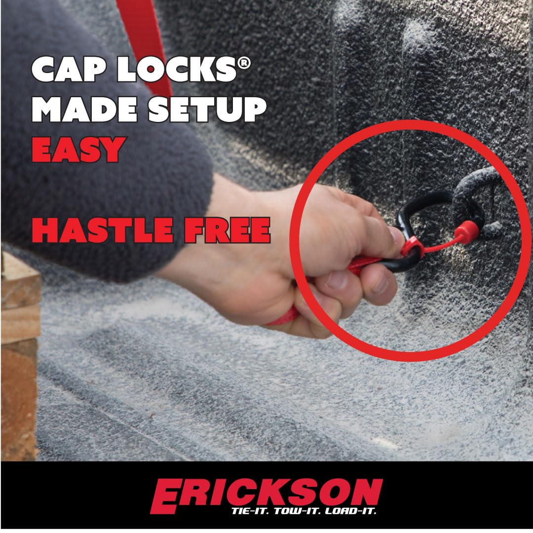 Retractable Ratchet Tie Down Strap Erickson - 1 in x 16 ft - 1500 lb Break Strength, Red Webbing, Self-Locking, Cap Lock Hooks - Heavy Duty for Truck, Trailer, ATV, UTV, Vehicle Cargo