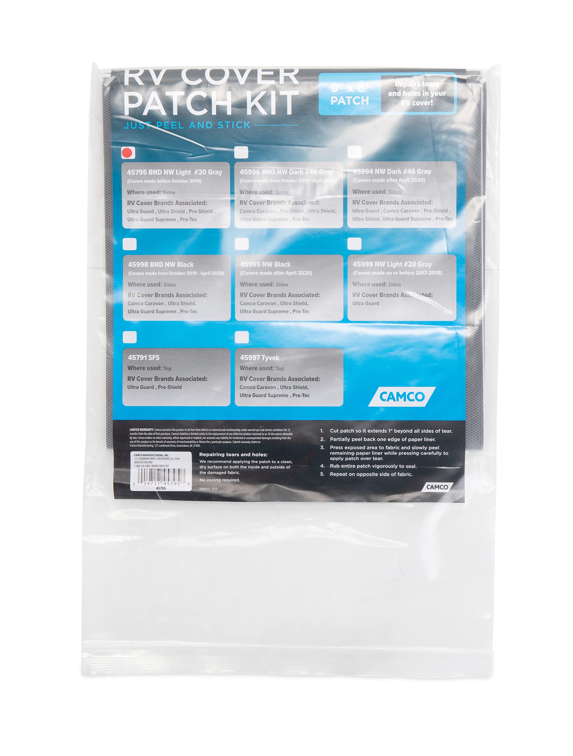 Camco Camper & RV Cover ULTRAGuard Patch Kit - Repairs Holes and Tears in Trailer Cover - Features Easy Peel & Stick Application - 9-Inches x 6-Feet (45795)