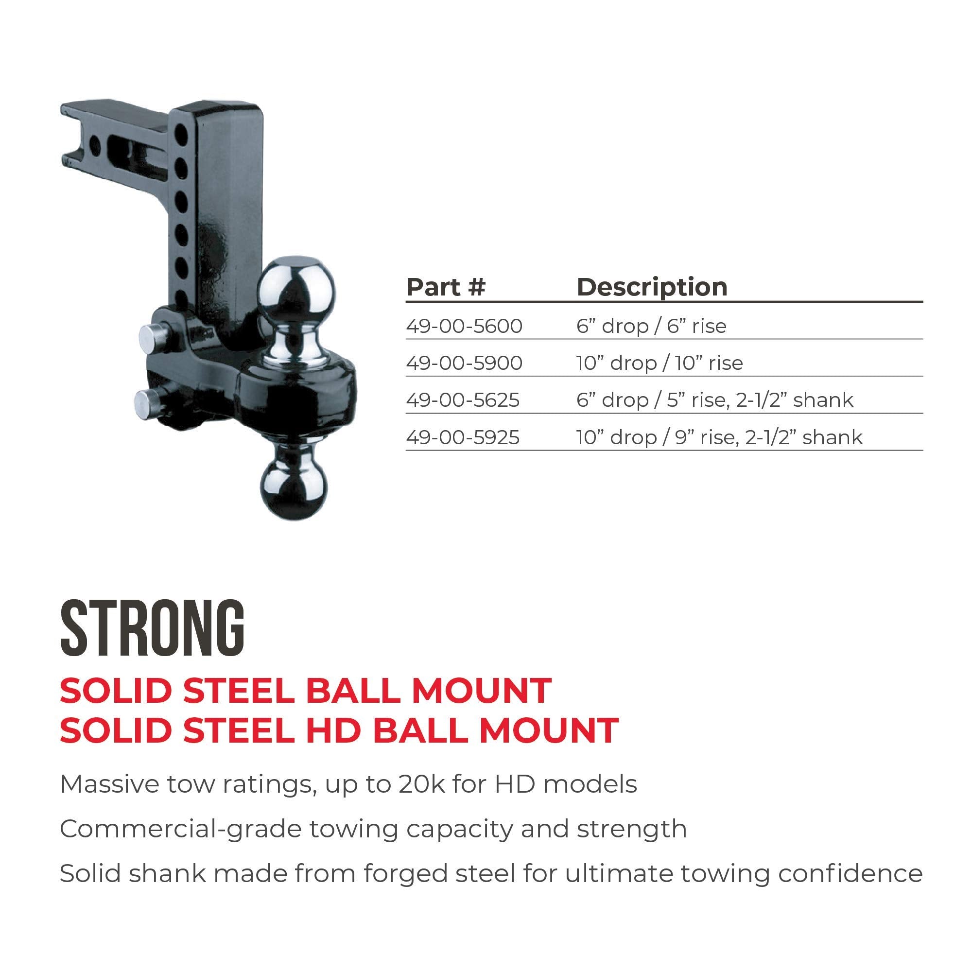 Fastway Flash 49-00-5925 Solid Steel Adjustable Ball Mount with 10 Inch Drop, 2.5 Inch Shank, and Chrome Plated Balls
