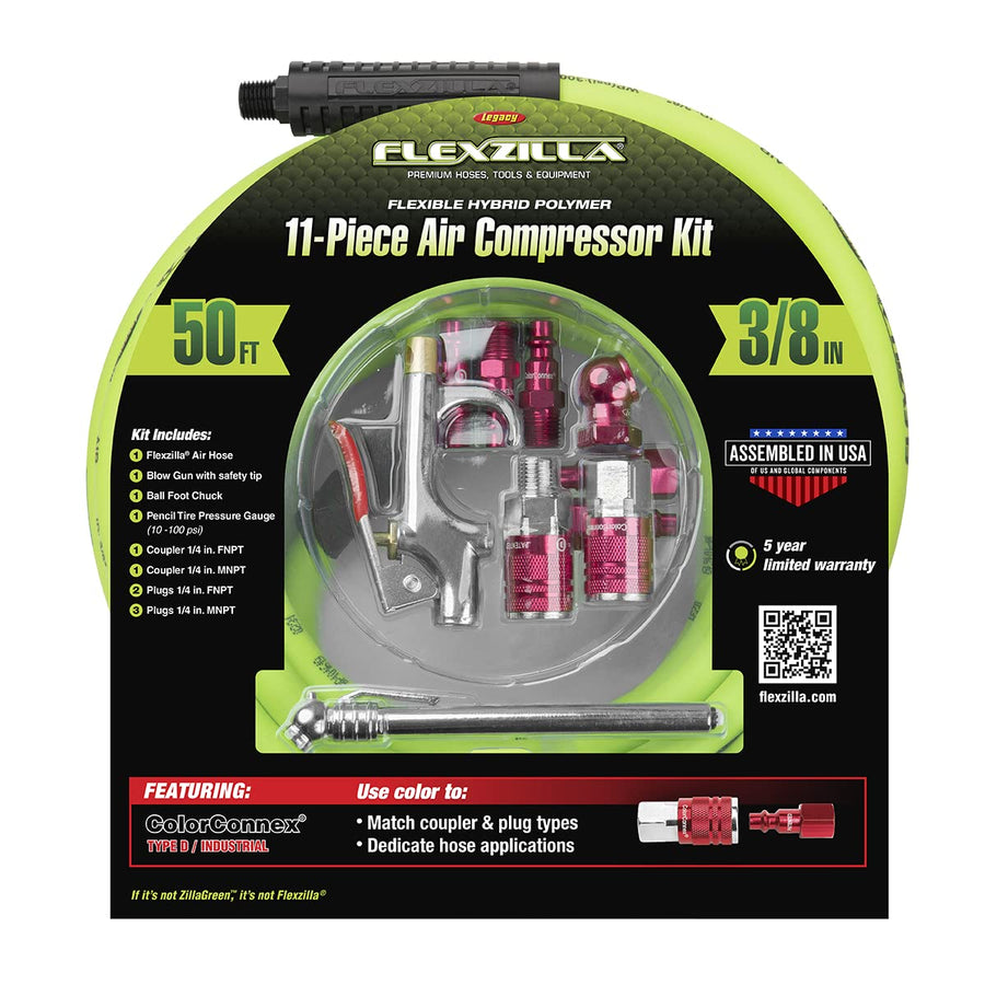 Flexzilla Legacy HFZCLB11D 3/8" x 50' Air Compressor Hose 11 pc Coupler Plug Blow Gun Kit