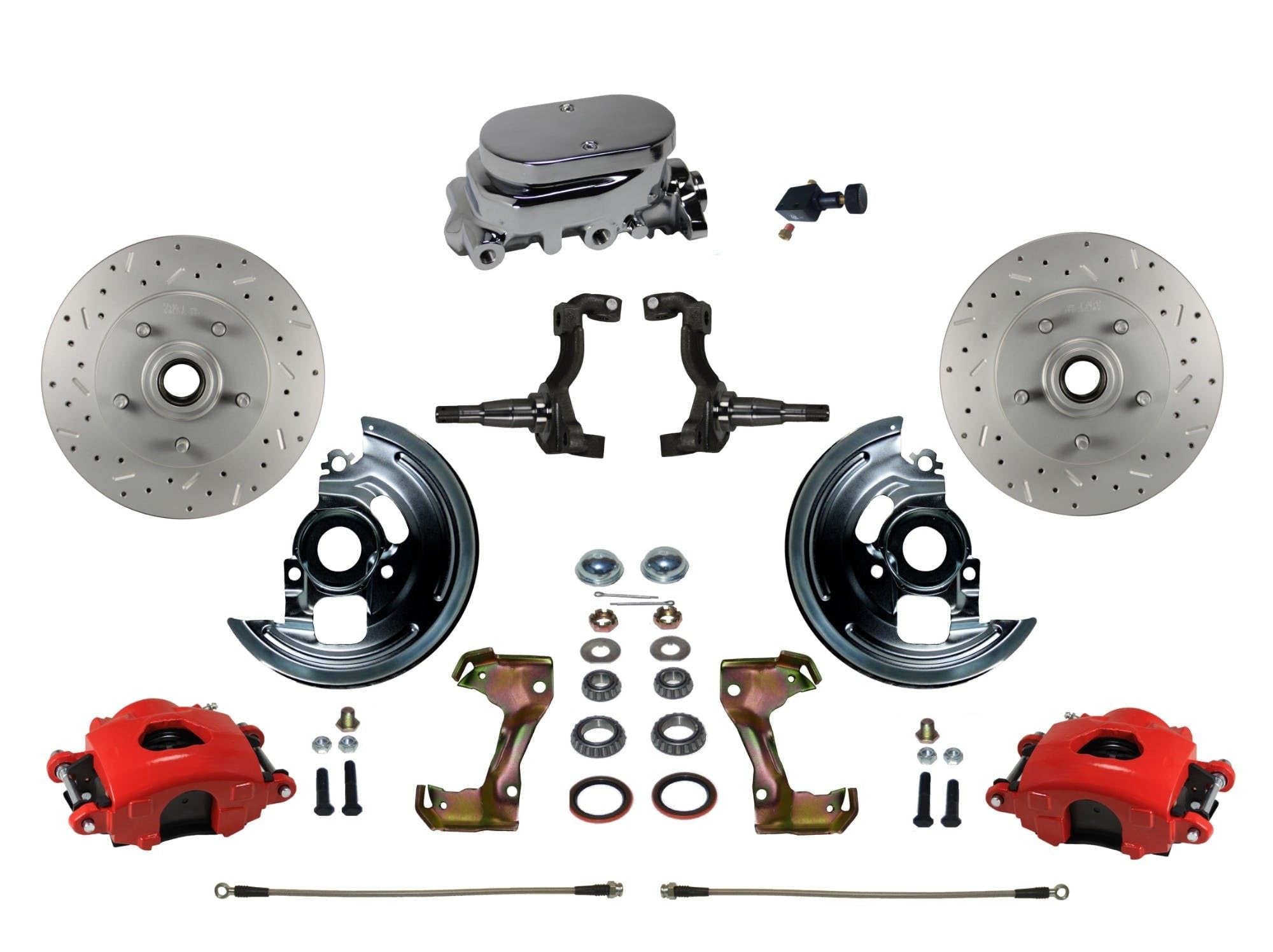 Brakes Leed Manual Front Disc Brake Kit Drilled And Slotted Rotors, Red Powder Coated Calipers With Chrome M/C Adjustable Proportioning Valve