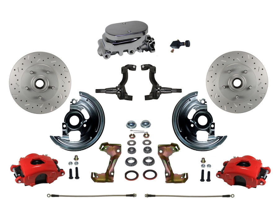 Brakes Leed Manual Front Disc Brake Kit Drilled And Slotted Rotors, Red Powder Coated Calipers With Chrome M/C Adjustable Proportioning Valve