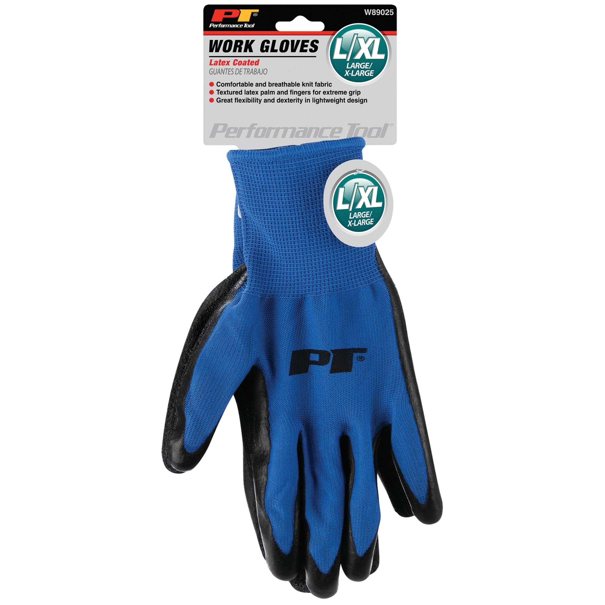 W89025 Performance Tool L/XL Latex-Coated Utility Gloves, Polyester Knit, Grip Coating, Flexible, Blue/Black