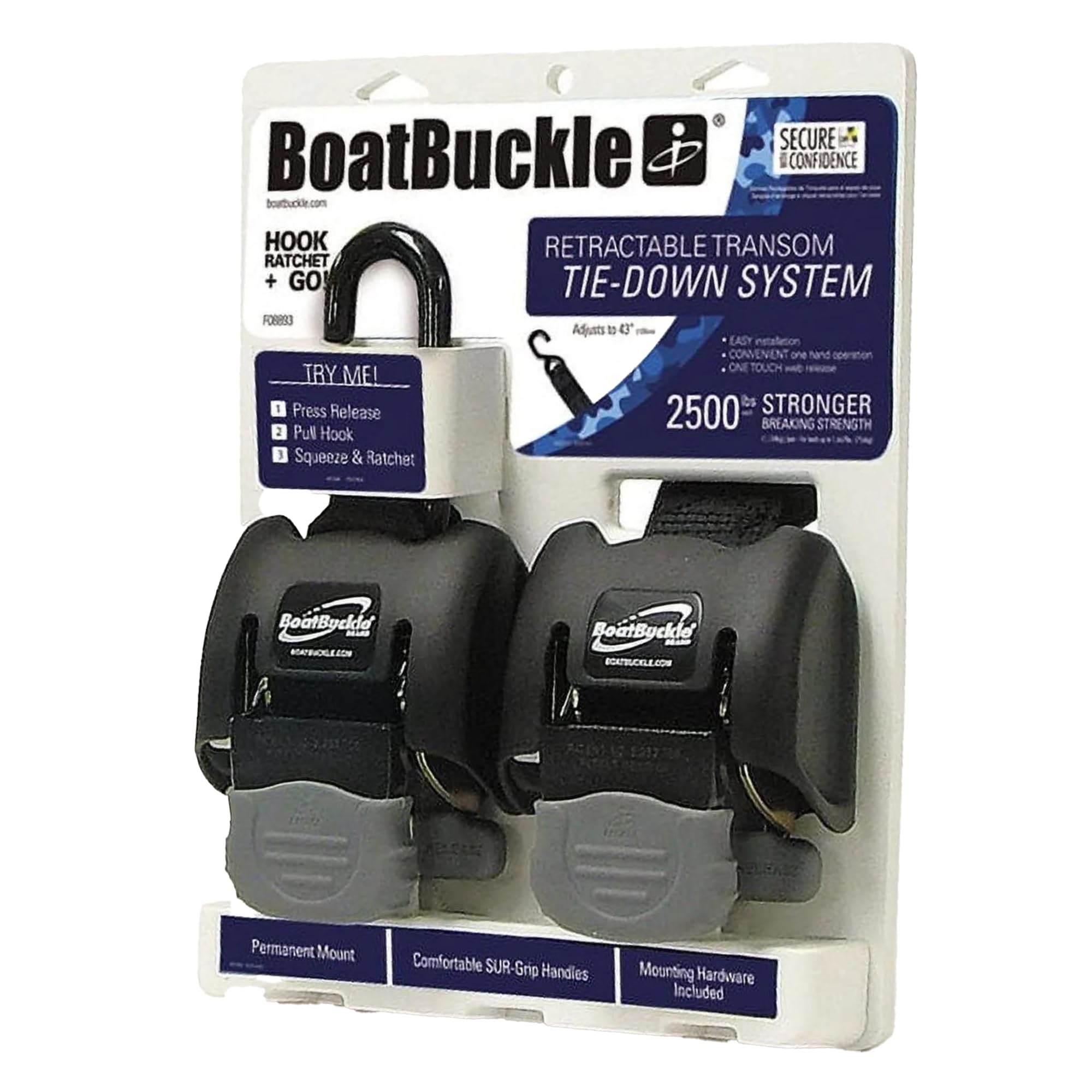 G2 BoatBuckle Retractable Tie-Down Transom (Black), 1 Pair, 2 x 43-Inch
