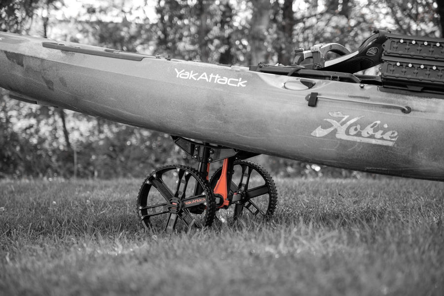 TowNStow YakAttack Scupper Kayak Cart | Collapsible with Extra Fore & AFT Hull Support | Adjustable 5.5" - 14.5" Wide | Dual Kick-Away Stands | 3-Piece BeadLoc Wheel Design & Rubber Tread | USA Made